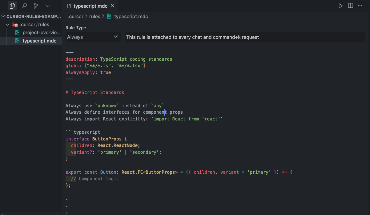 Cursor rules example of a tech stack rule